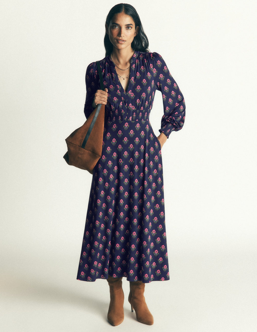 Georgia Jersey Midi Dress-Navy, Flourishing Spring Stamp