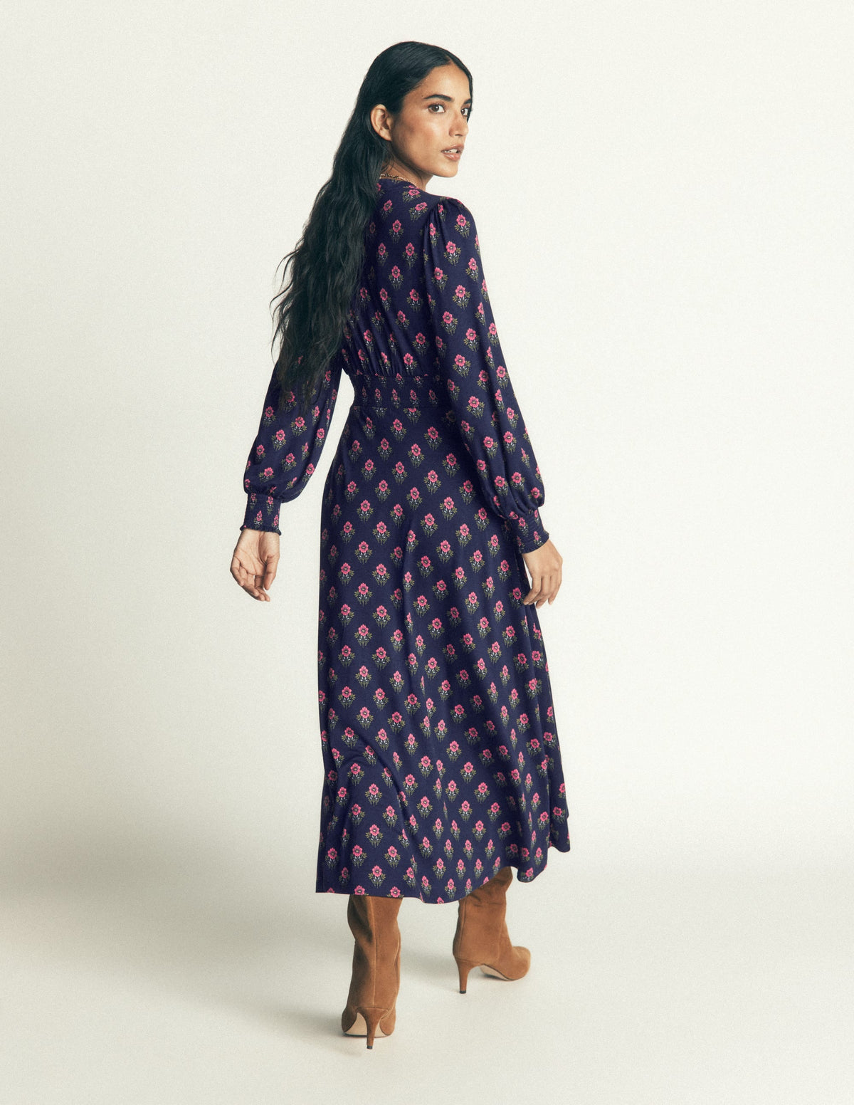 Georgia Jersey Midi Dress-Navy, Flourishing Spring Stamp