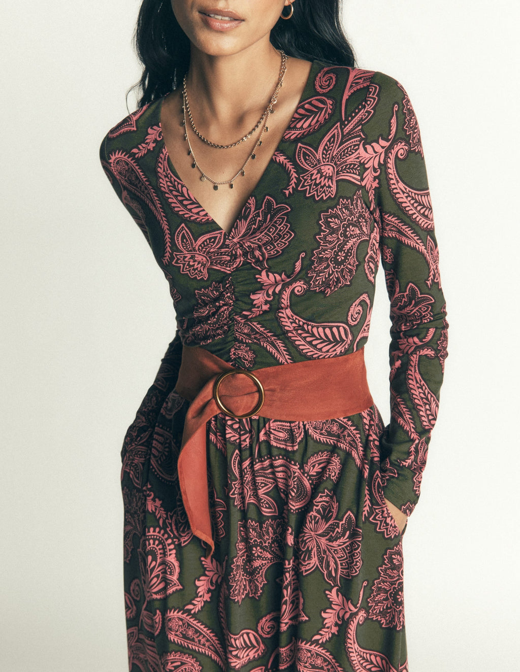 Jasmine Ruched Jersey Dress-Forest Glade, Paisley Bouquet