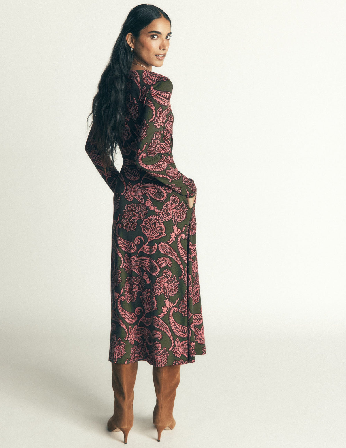 Jasmine Ruched Jersey Dress-Forest Glade, Paisley Bouquet