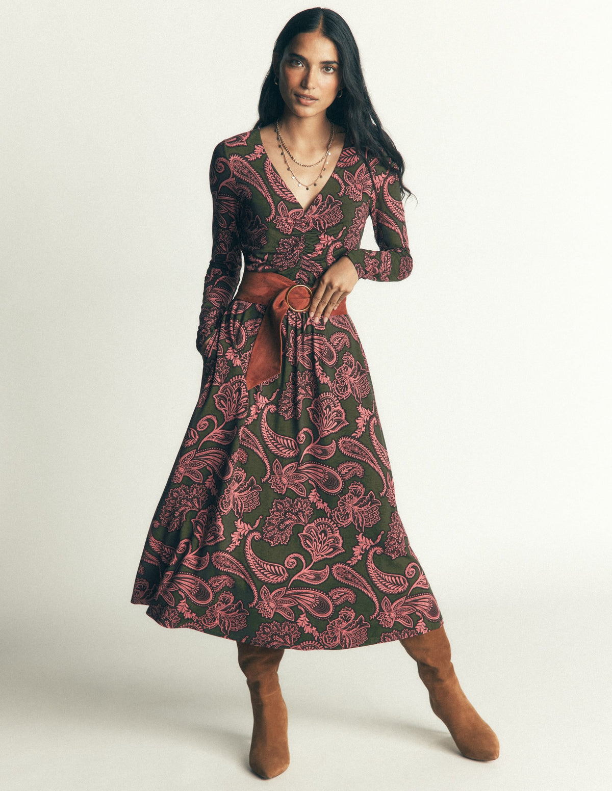 Jasmine Ruched Jersey Dress-Forest Glade, Paisley Bouquet