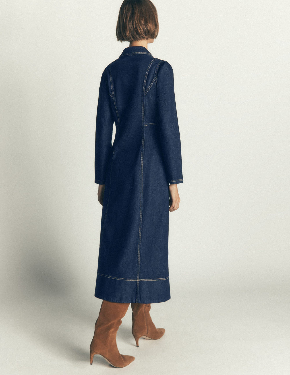 Una Collared Denim Midi Dress-Dark Vintage Denim