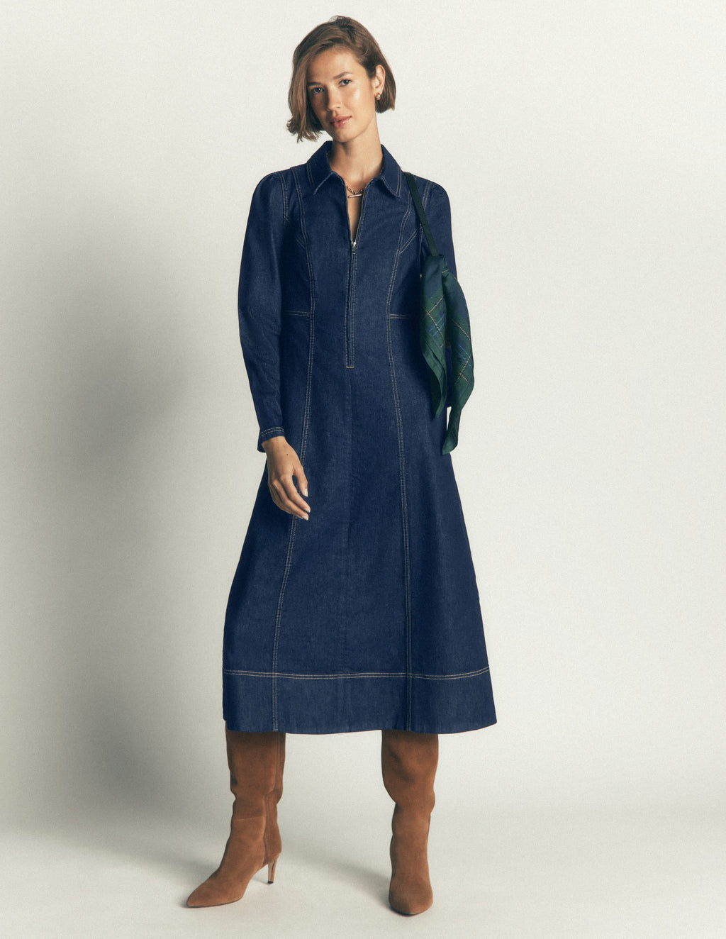 Una Collared Denim Midi Dress-Dark Vintage Denim