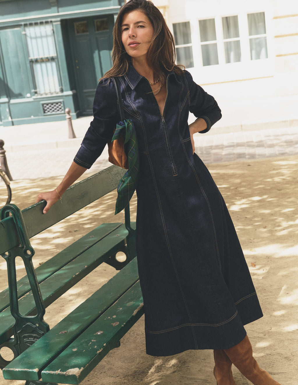 Una Collared Denim Midi Dress-Dark Vintage Denim