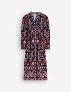 Juliet Jersey Midi Dress-Navy, Peacock Paradise