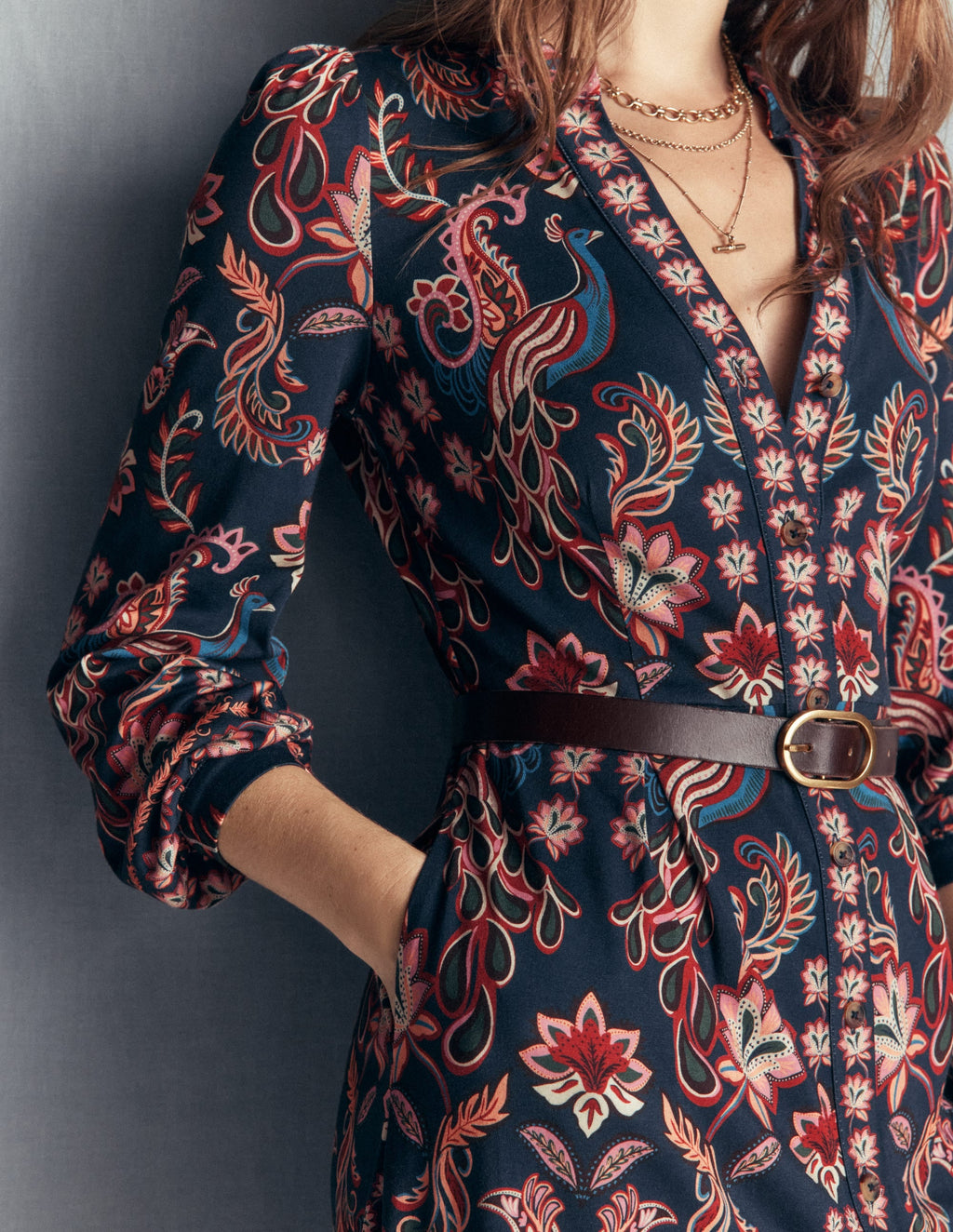 Juliet Jersey Midi Dress-Navy, Peacock Paradise