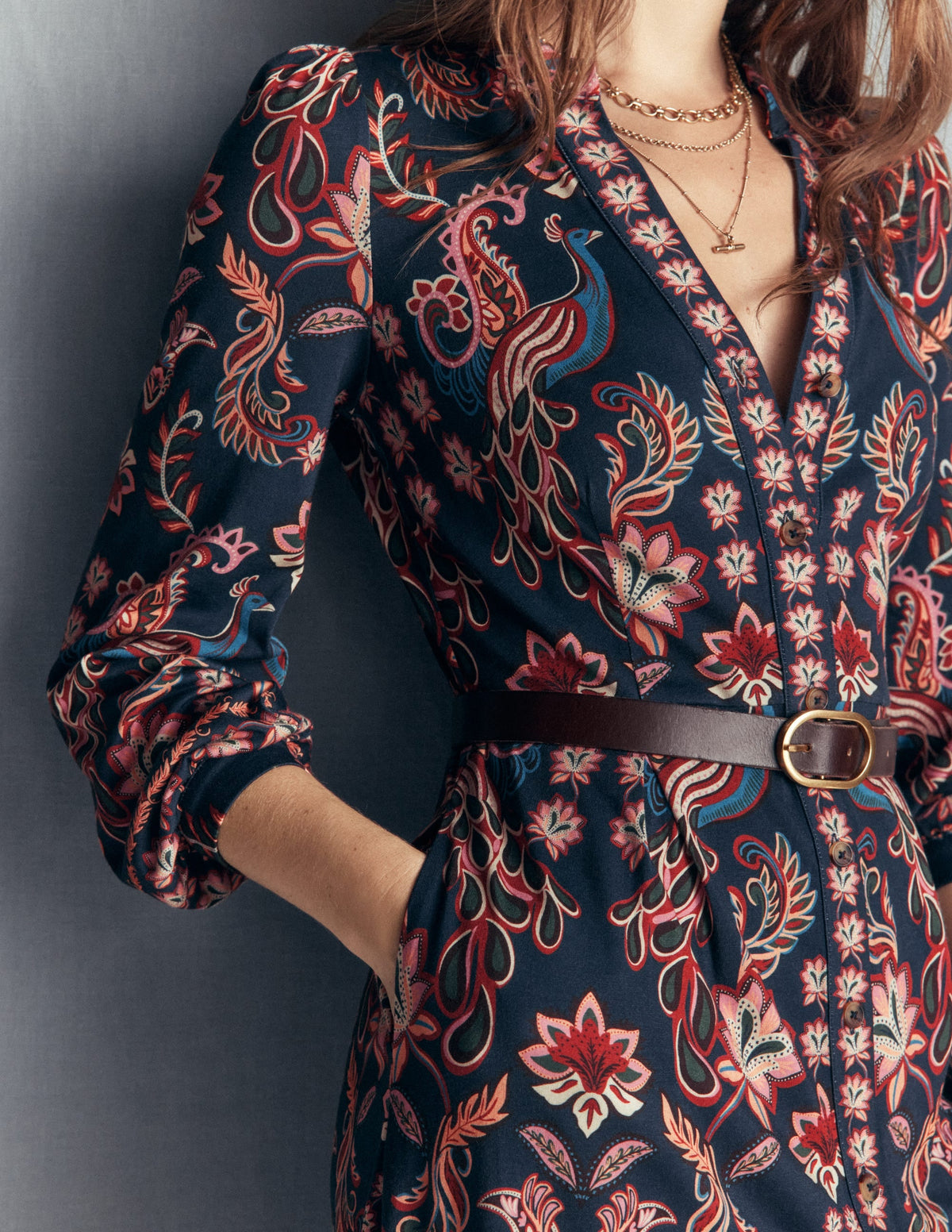 Juliet Jersey Midi Dress-Navy, Peacock Paradise