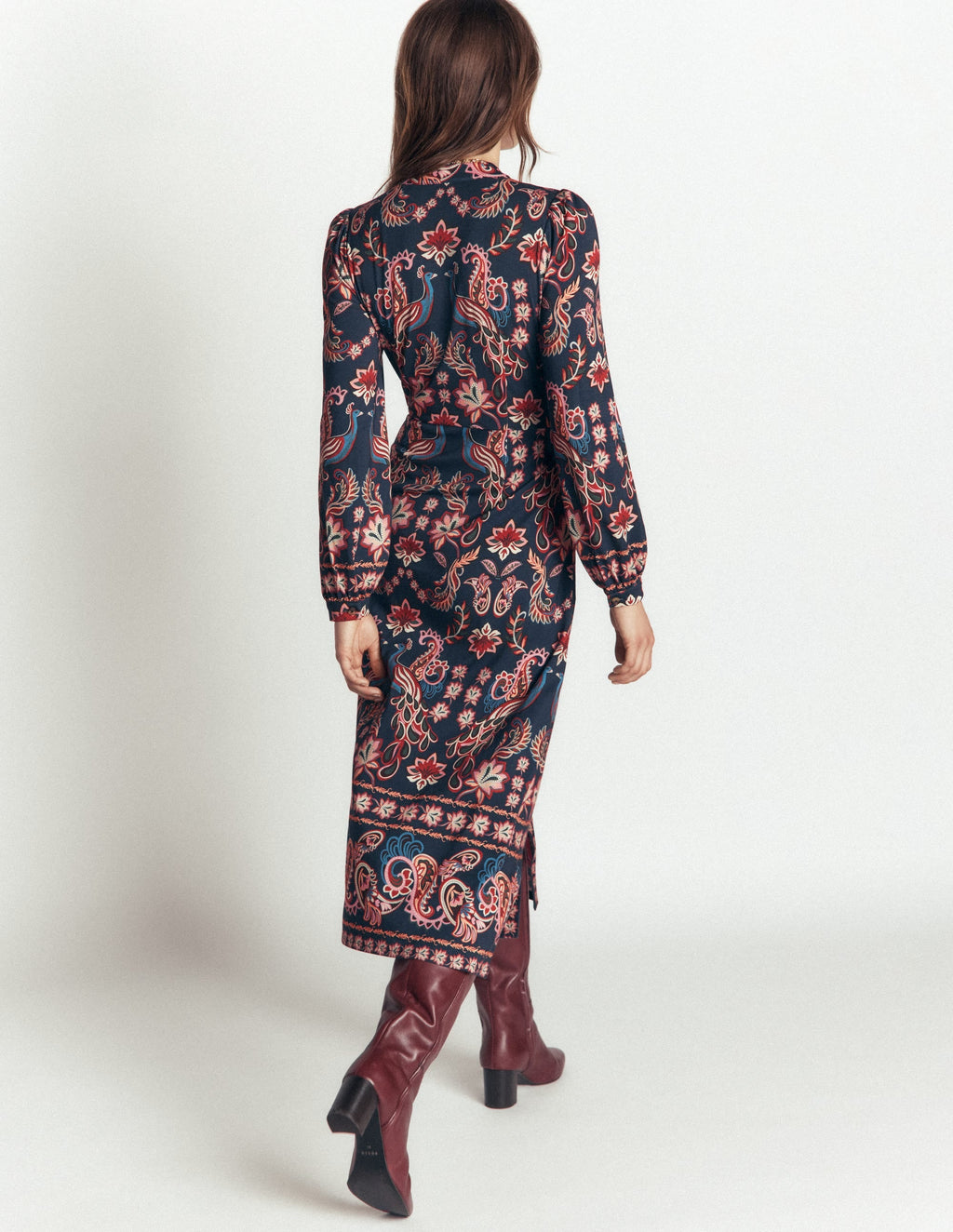 Juliet Jersey Midi Dress-Navy, Peacock Paradise