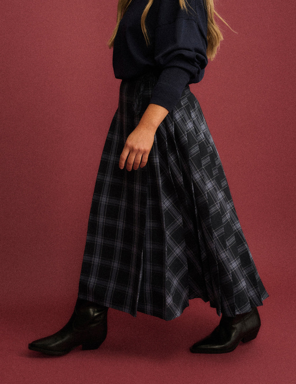 Navy Tartan Pleated Midi Skirt