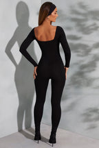 Square Neck Long Sleeve Jumpsuit in Black