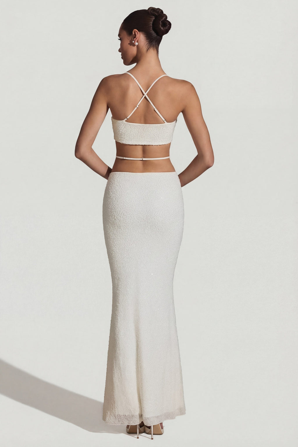 Embellished Cross Back Crop Top in White
