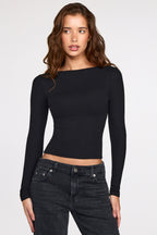 Ribbed Modal Ruched Long-Sleeve Top in Black
