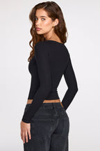 Ribbed Modal Ruched Long-Sleeve Top in Black