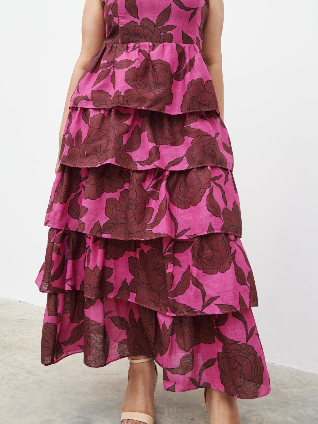Aalyiah Square Neck Ruffle Midaxi Dress Curve - Brown and Fuchsia Floral