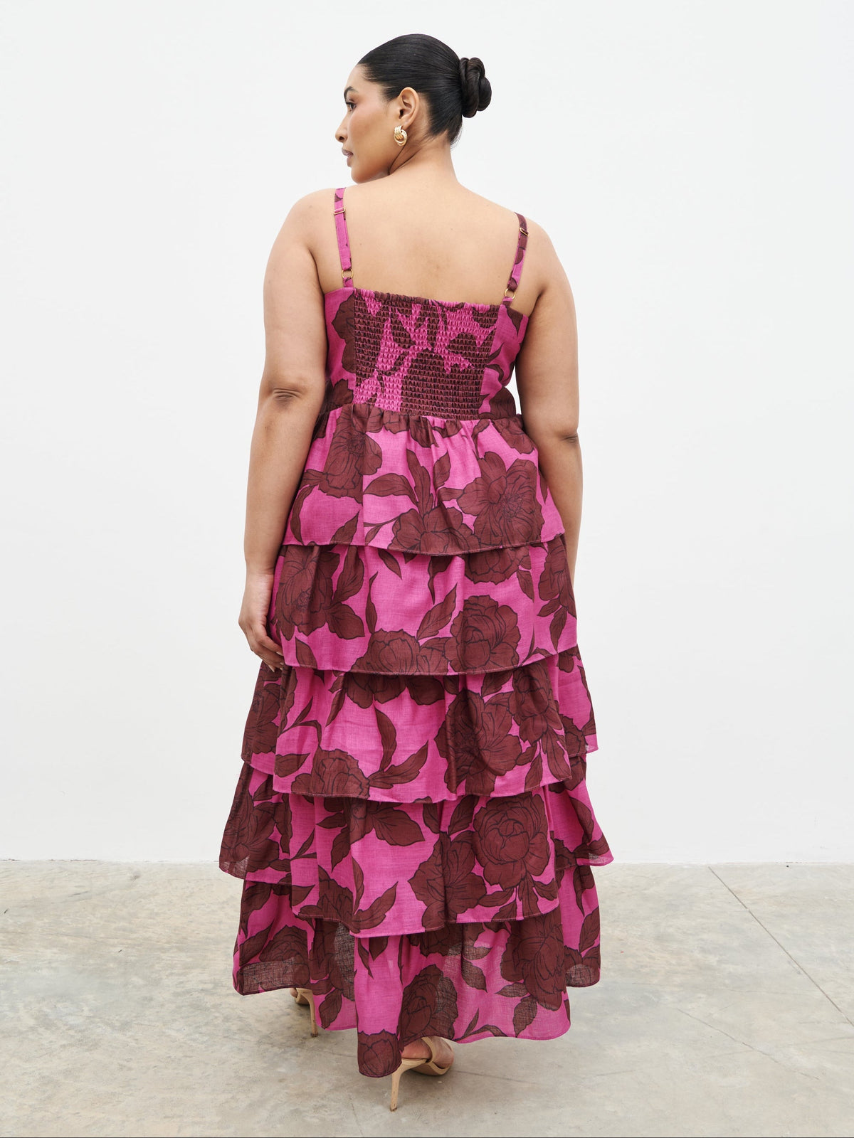 Aalyiah Square Neck Ruffle Midaxi Dress Curve - Brown and Fuchsia Floral