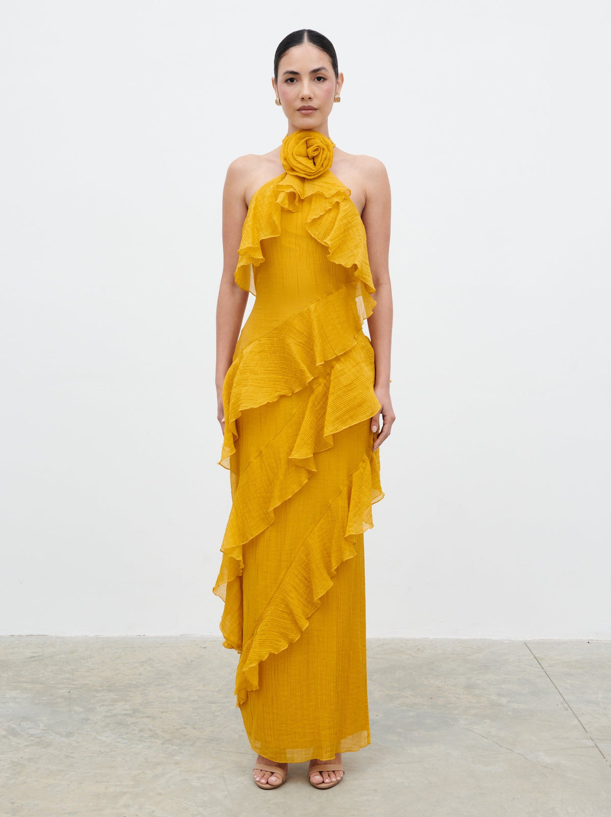 Addison Corsage Ruffle Maxi Dress - Yellow Ochre