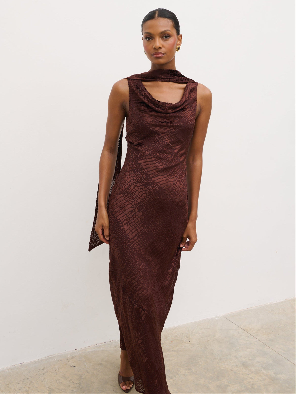 Ainsley Cowl Devore Neck Maxi Slip - Brown