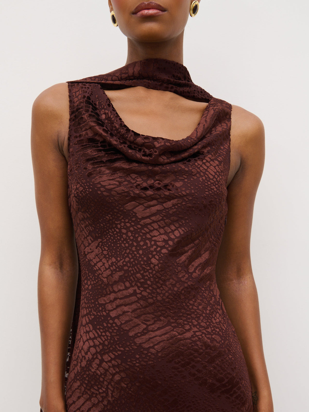 Ainsley Cowl Devore Neck Maxi Slip - Brown