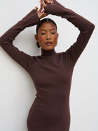 Alina High Neck Knit Midaxi Dress - Brown