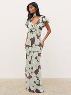 Andi V-Neck Frill Maxi Dress - Mint Watercolour Floral