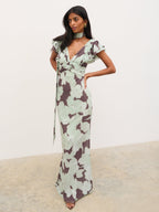 Andi V-Neck Frill Maxi Dress - Mint Watercolour Floral