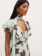 Andi V-Neck Frill Maxi Dress - Mint Watercolour Floral