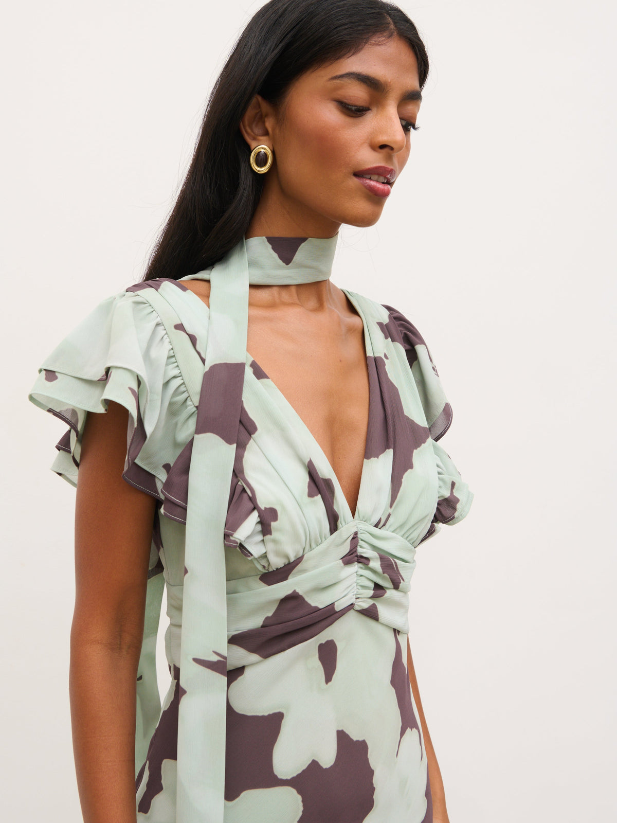 Andi V-Neck Frill Maxi Dress - Mint Watercolour Floral