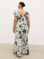 Andi V-Neck Frill Maxi Dress Curve - Mint Watercolour Floral