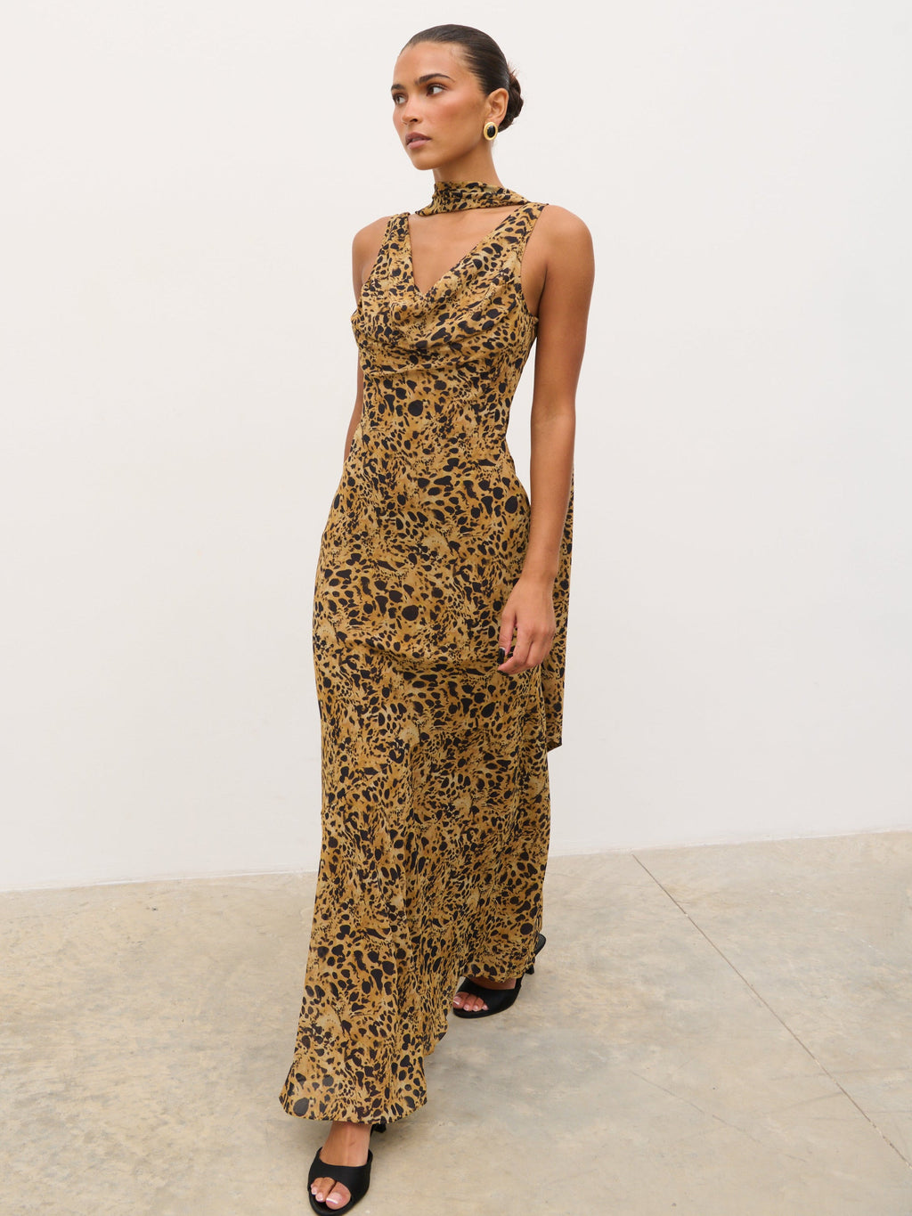 Arden High Cowl Scarf Maxi Dress - Abstract Leopard