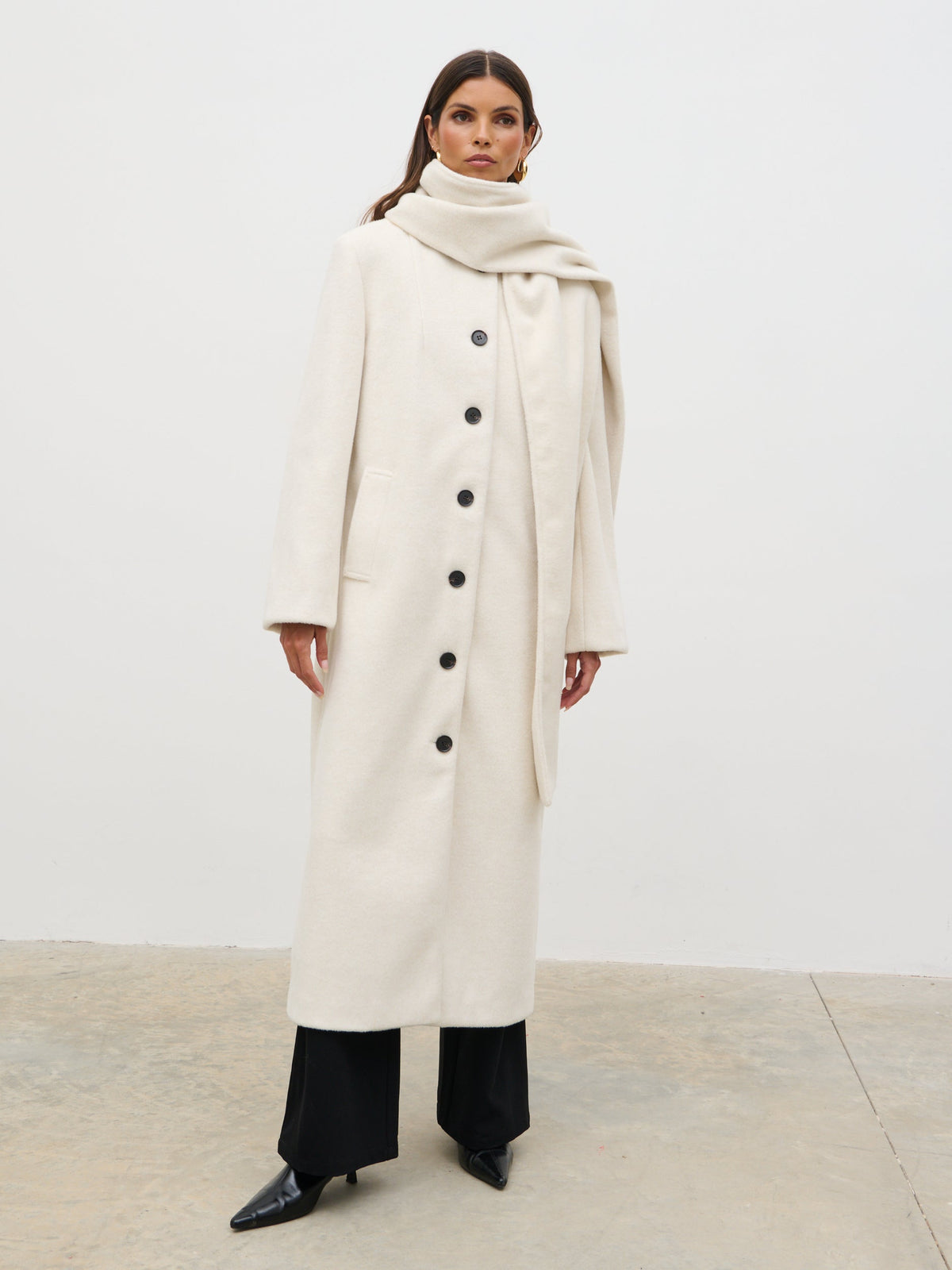 Ari Collarless Coat with Scarf - Cream