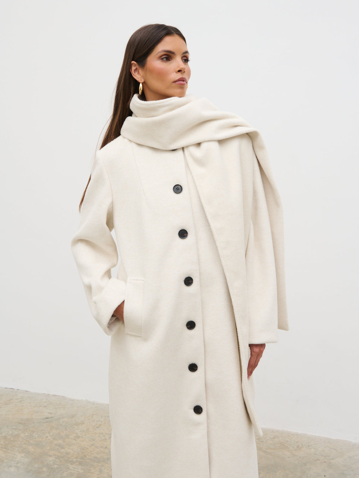 Ari Collarless Coat with Scarf - Cream