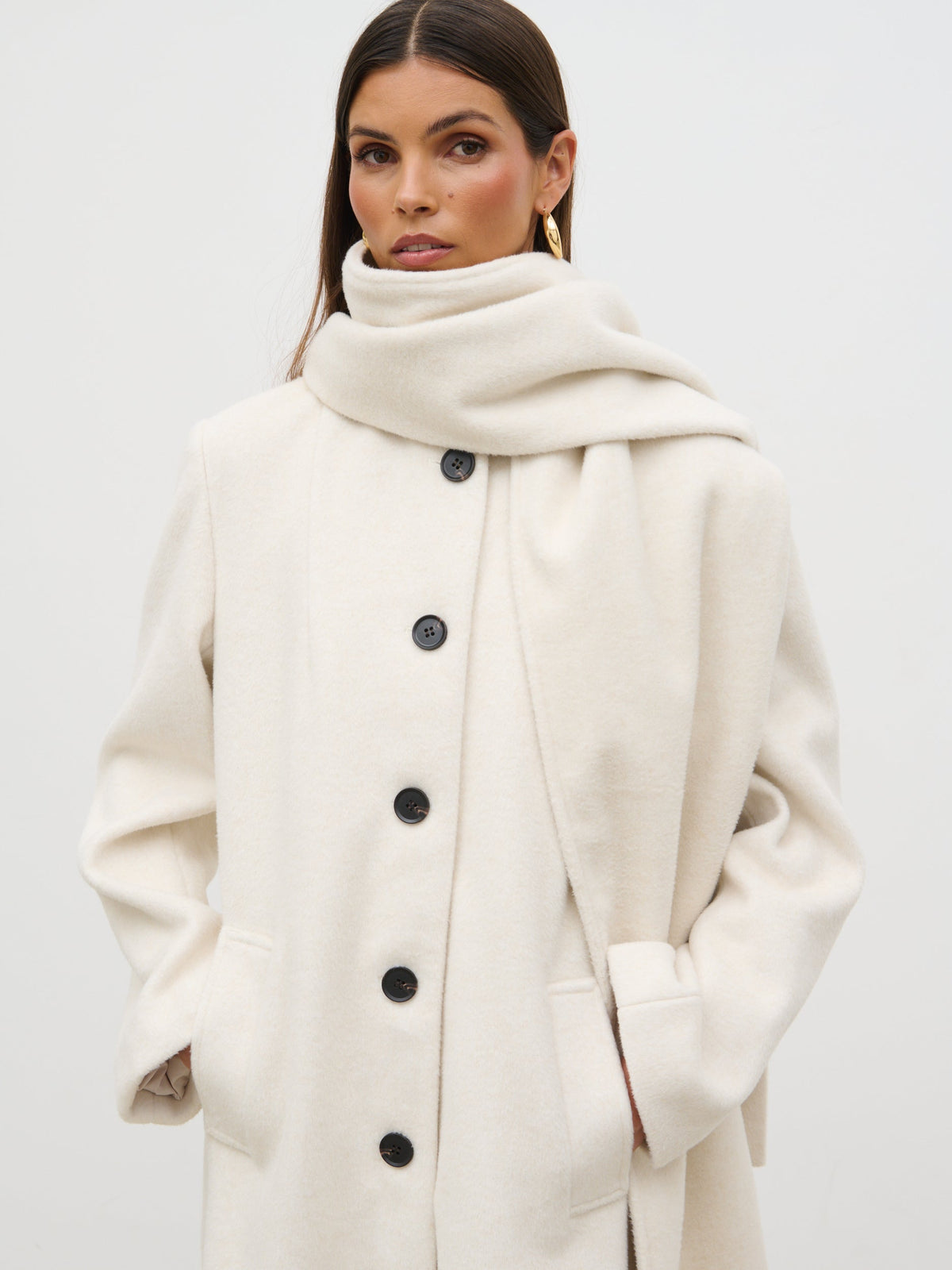 Ari Collarless Coat with Scarf - Cream