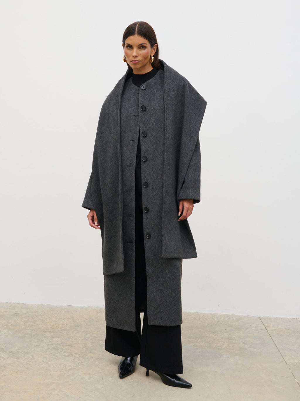 Ari Collarless Coat with Scarf - Grey