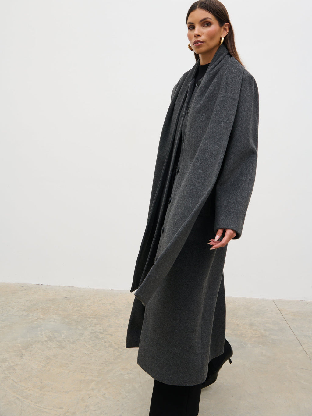 Ari Collarless Coat with Scarf - Grey