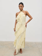 Aria Halterneck Ruffle Midaxi Dress - Lemon