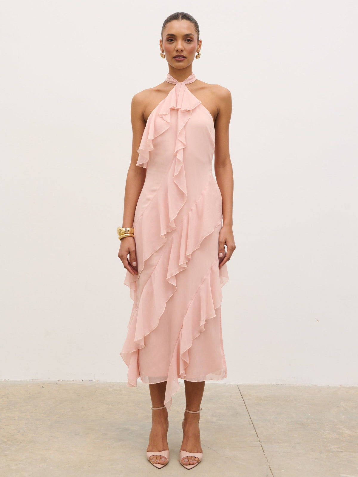 Aria Halterneck Ruffle Midaxi Dress - Dusty Rose