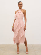 Aria Halterneck Ruffle Midaxi Dress - Dusty Rose
