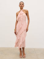 Aria Halterneck Ruffle Midaxi Dress - Dusty Rose