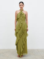 Aria Halterneck Ruffle Maxi Dress - Dark Olive