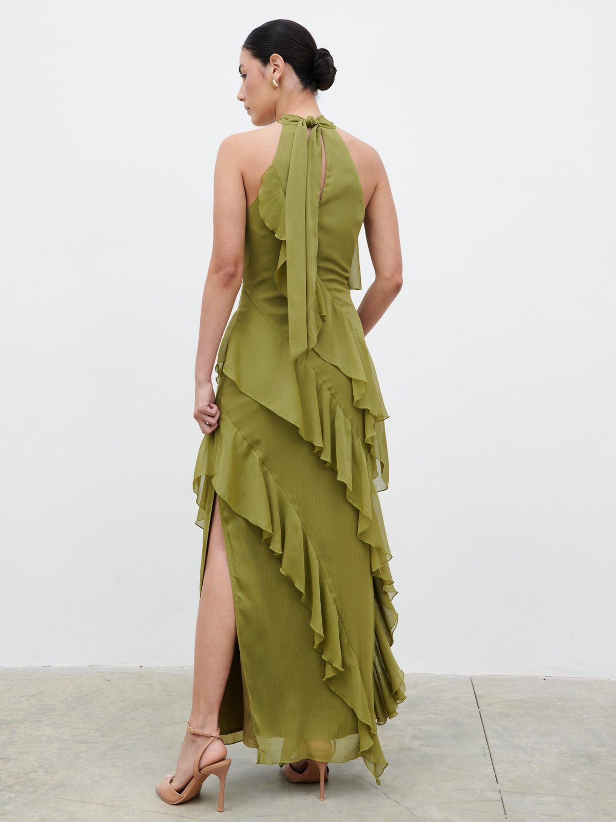 Aria Halterneck Ruffle Maxi Dress - Dark Olive