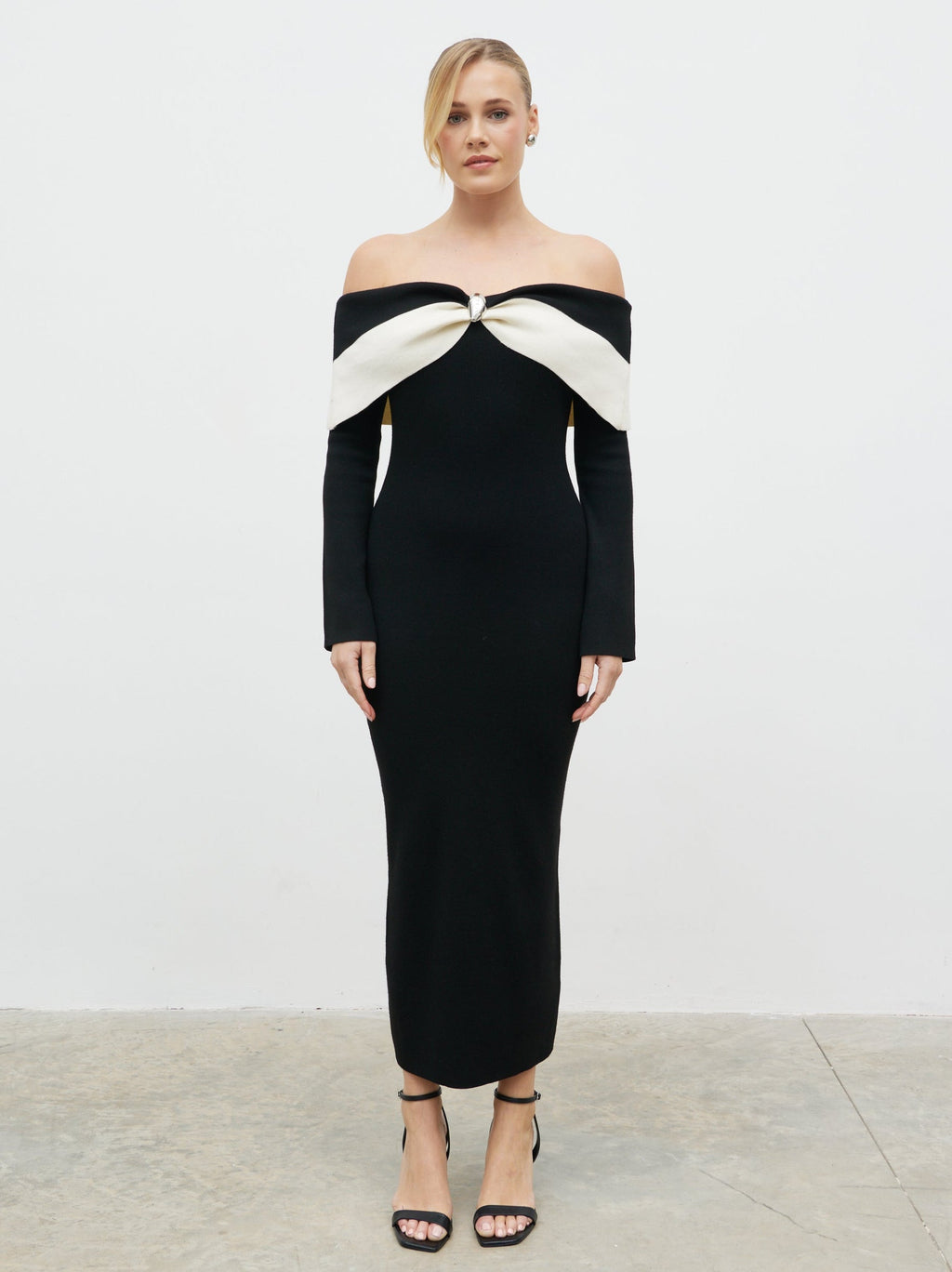 Aroma Bardot Trim Knit Midaxi Dress - Black and Cream