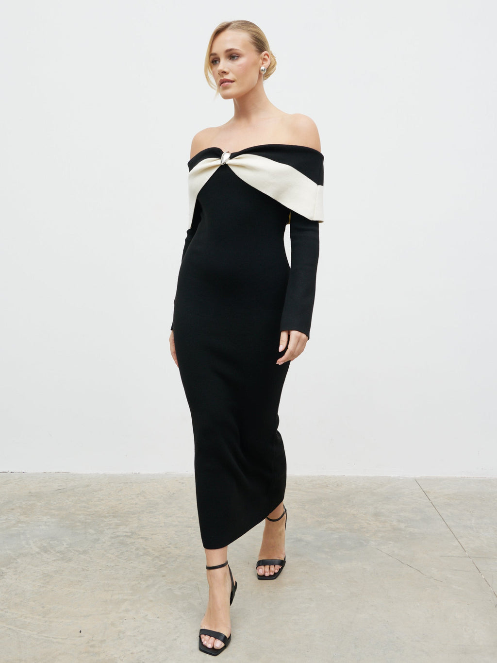 Aroma Bardot Trim Knit Midaxi Dress - Black and Cream