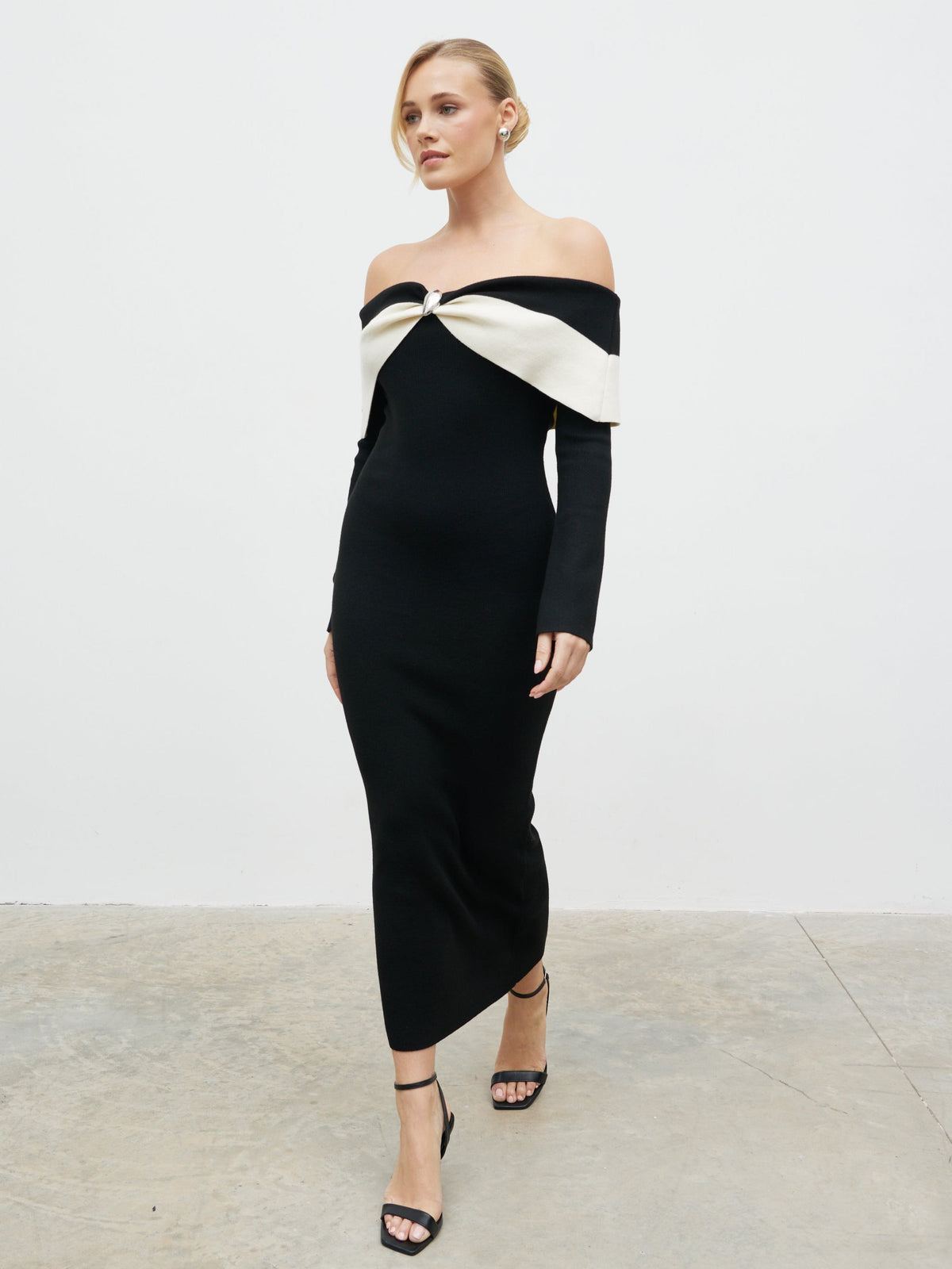 Aroma Bardot Trim Knit Midaxi Dress - Black and Cream