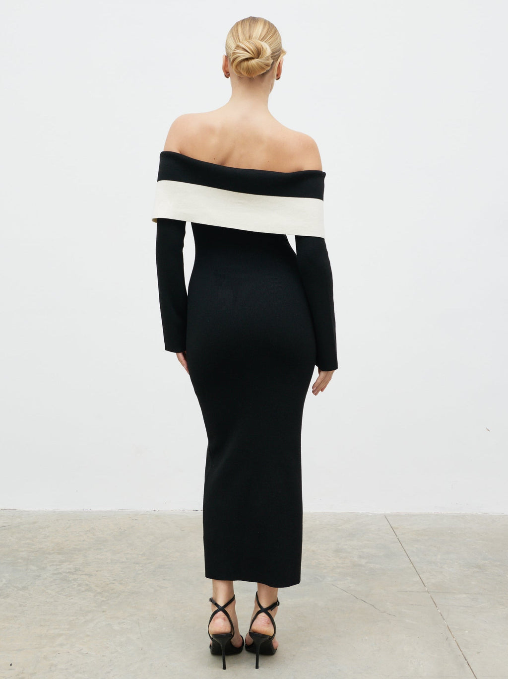 Aroma Bardot Trim Knit Midaxi Dress - Black and Cream