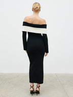 Aroma Bardot Trim Knit Midaxi Dress - Black and Cream