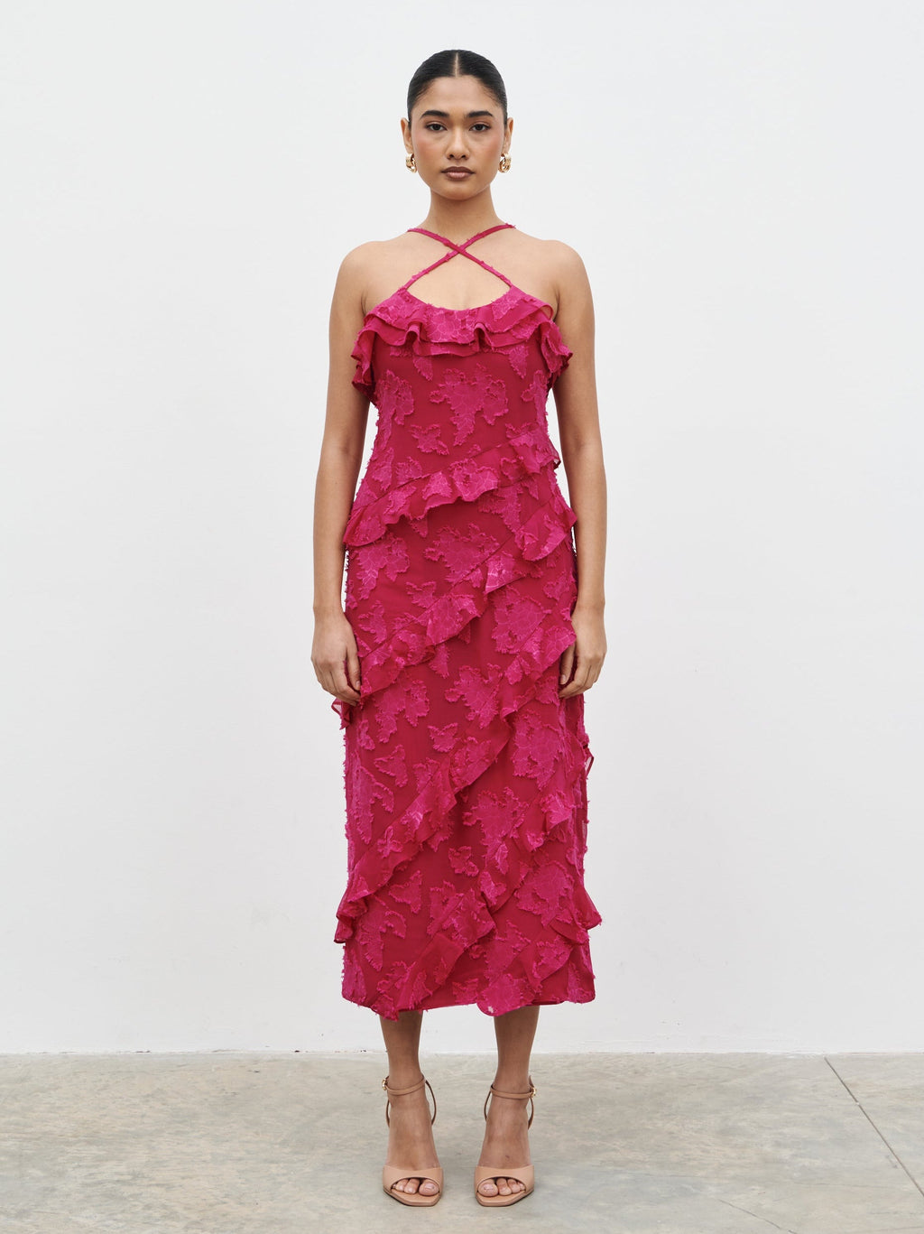 Aryana Jacquard Ruffle Midaxi Dress - Berry
