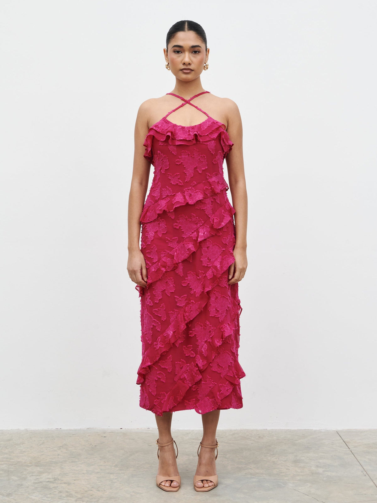 Aryana Jacquard Ruffle Midaxi Dress - Berry