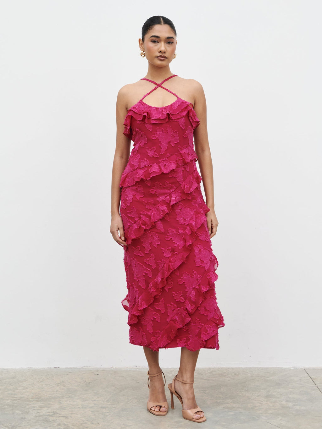 Aryana Jacquard Ruffle Midaxi Dress - Berry