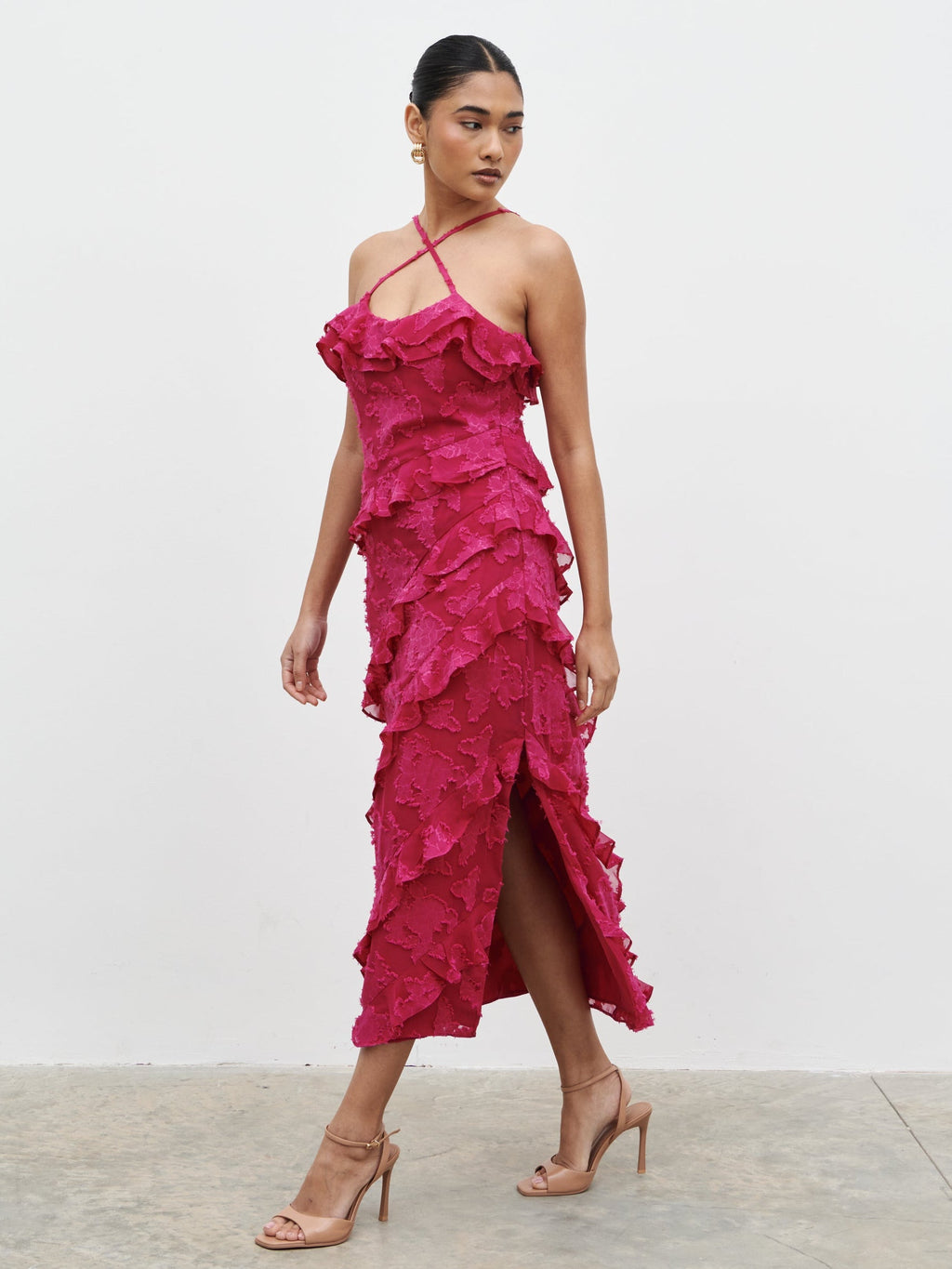 Aryana Jacquard Ruffle Midaxi Dress - Berry