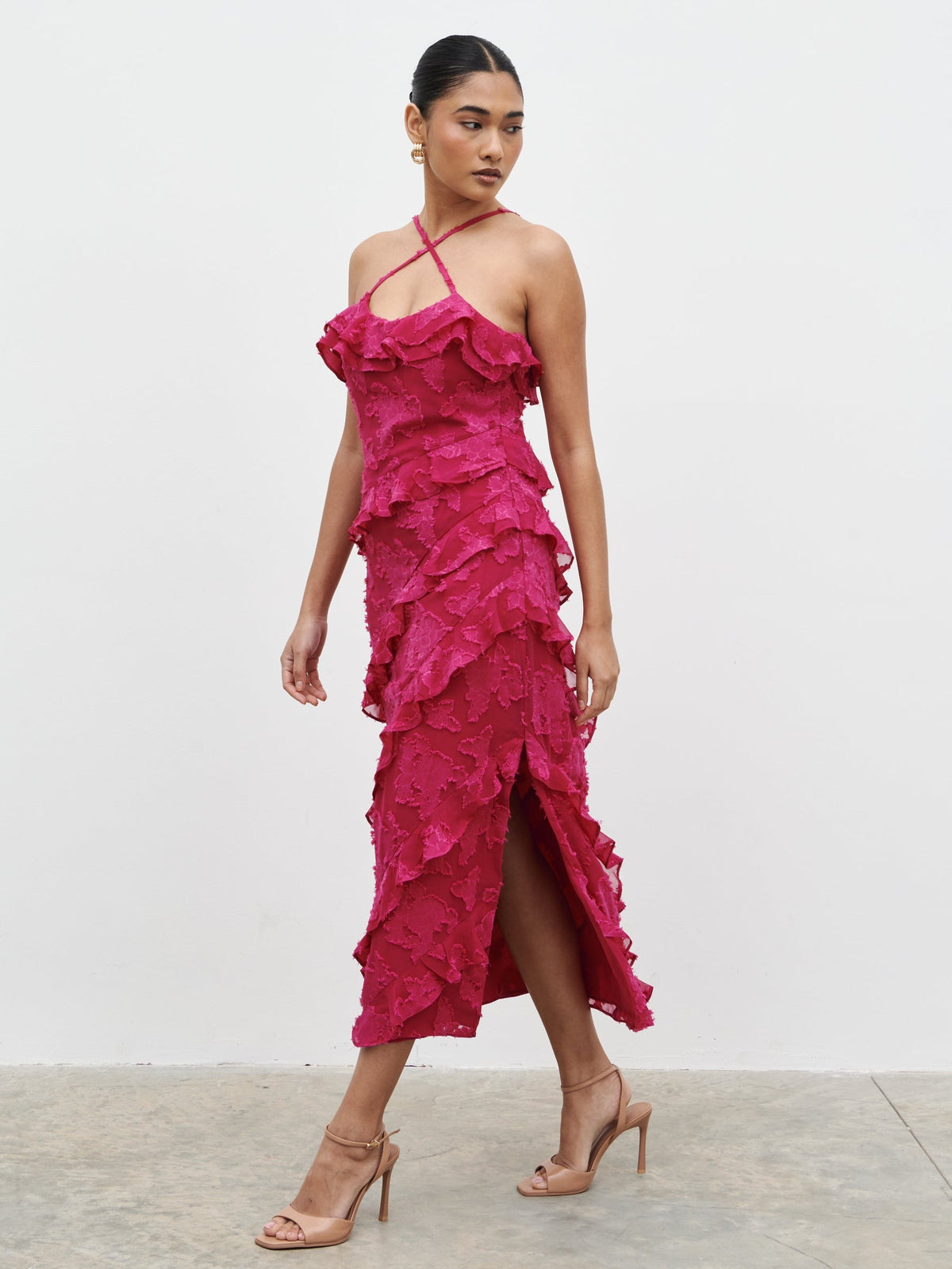 Aryana Jacquard Ruffle Midaxi Dress - Berry